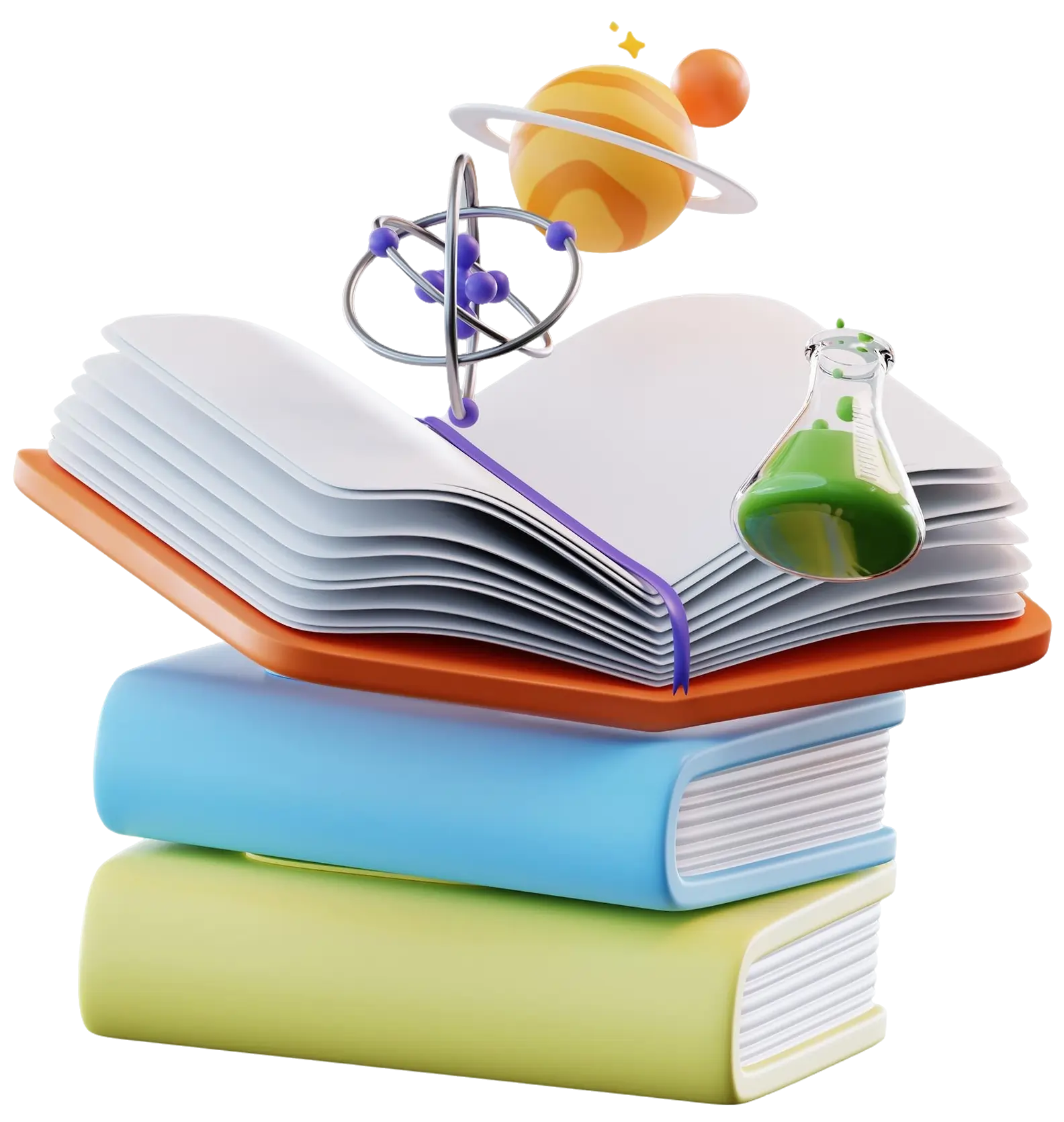 Stack of books with planet and science icons
